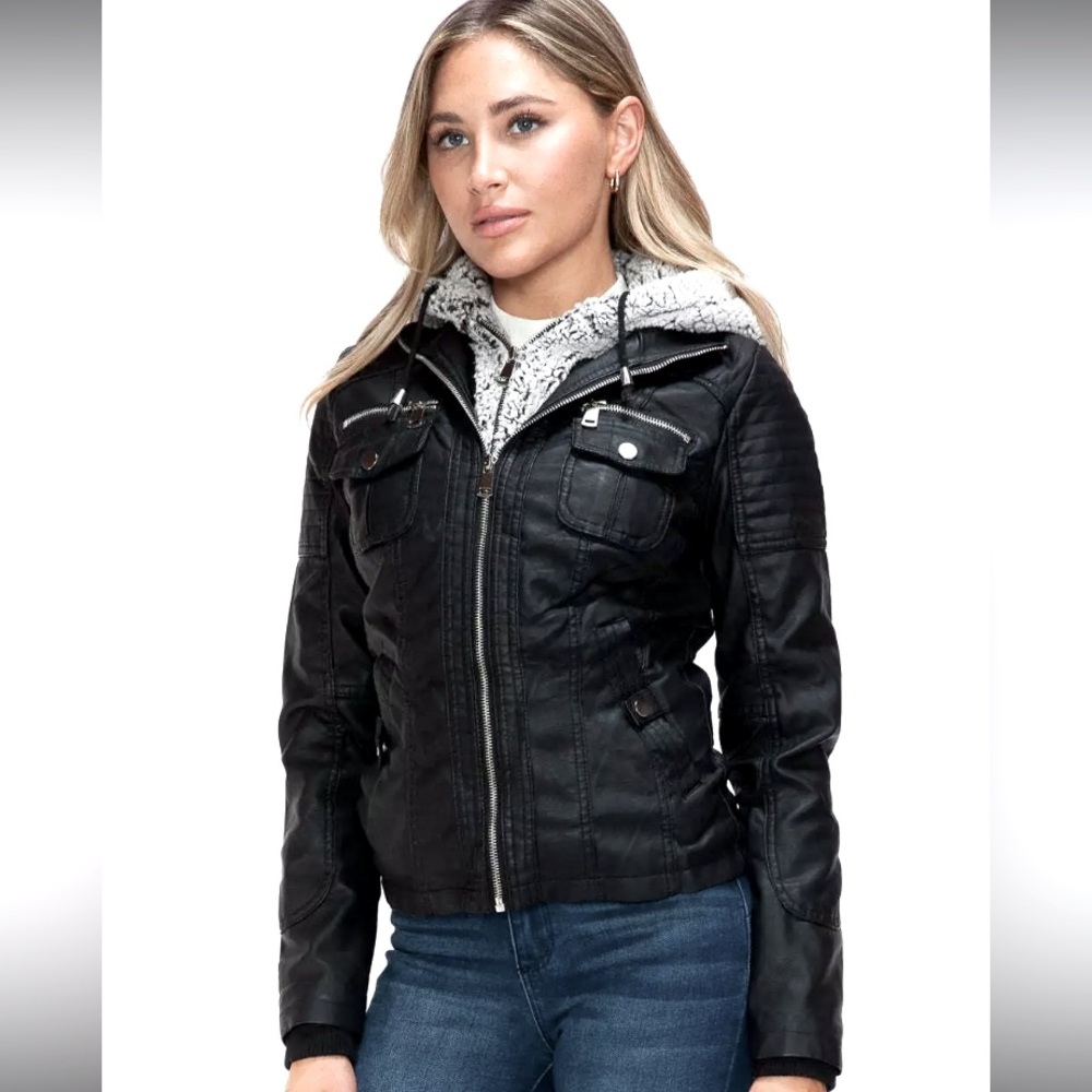 NWT YMI faux black leather motocross jacket w/removable lined hoodie size Large